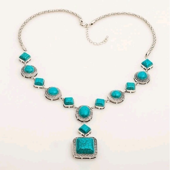 Turquoise Silver Statement Necklace Western Boho Indian Hippie Sexy Bold Glam‎ - Picture 2 of 3